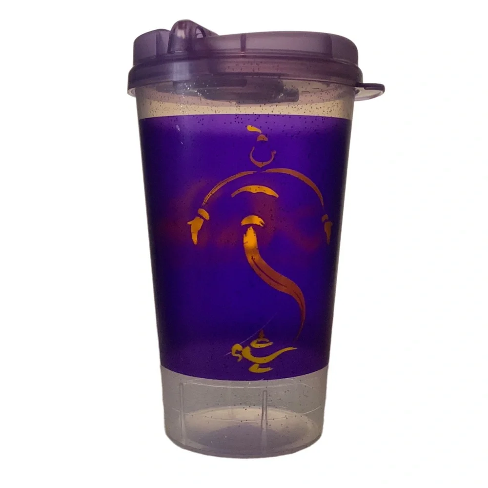 2 Aladdin Disney Tumblers and Covers Purple With Gold Writing Cold Beverage